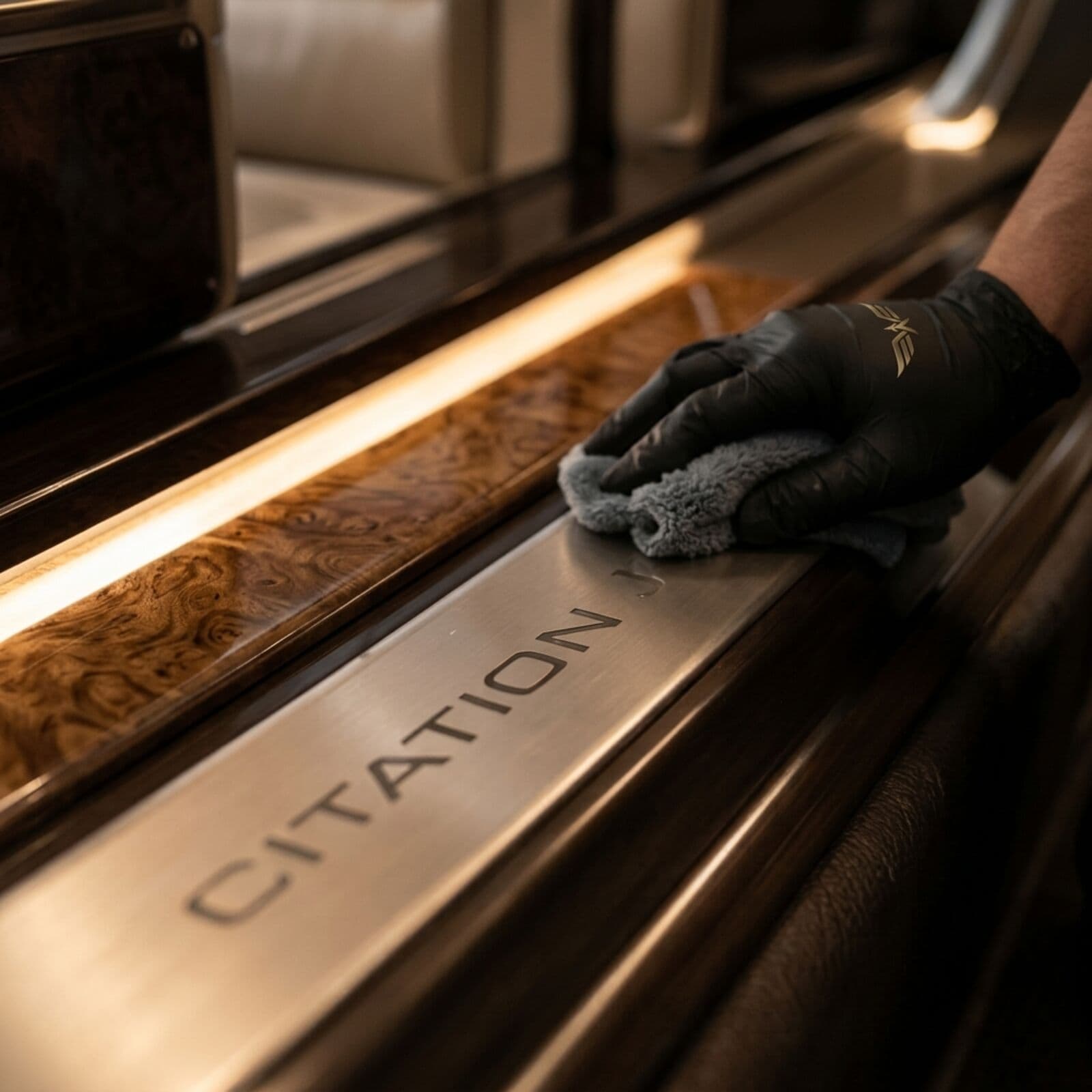 Squawk Clean technician detailing a jet cabin interior