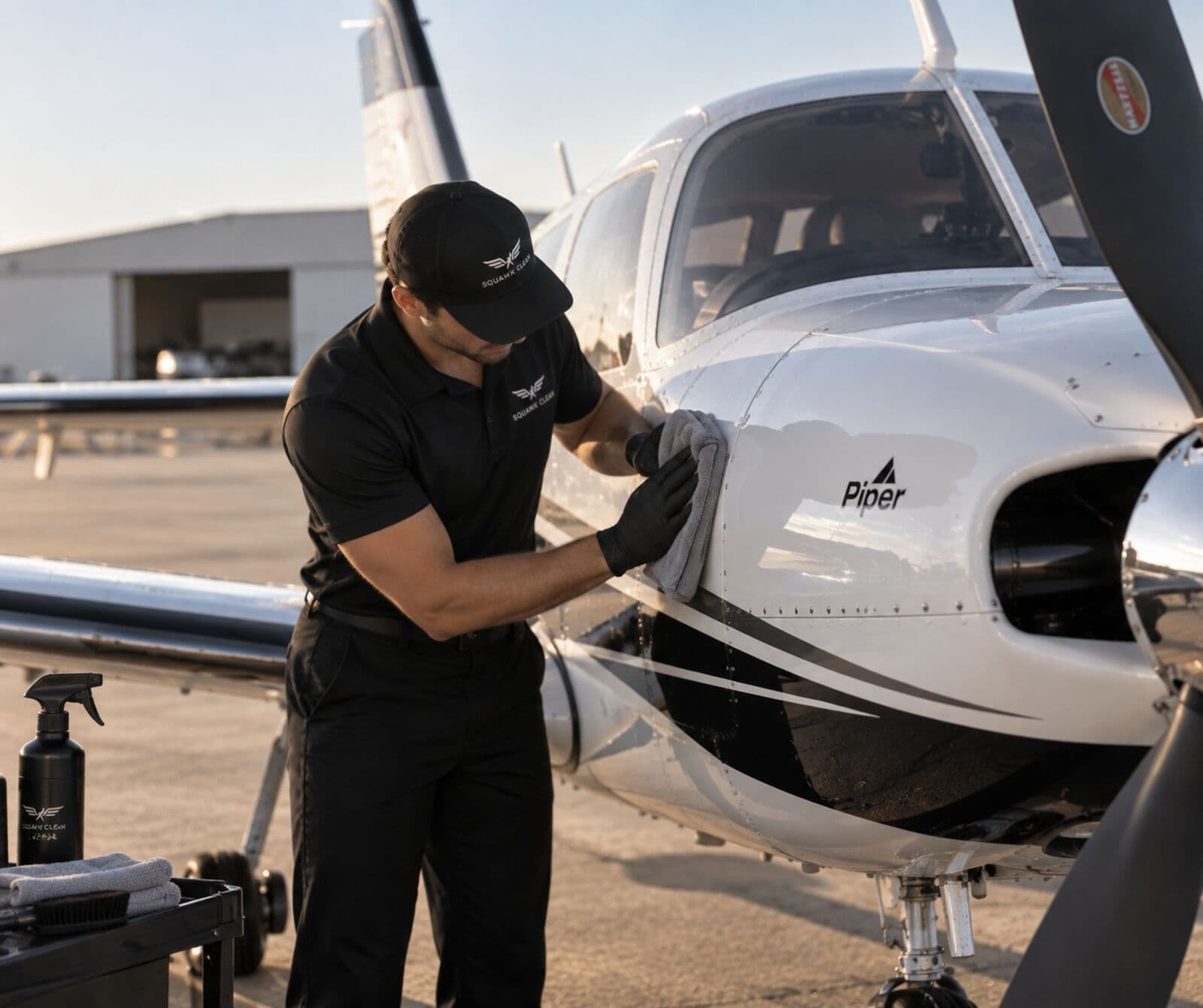 Squawk Clean technician hand-detailing an aircraft nose at golden hour
